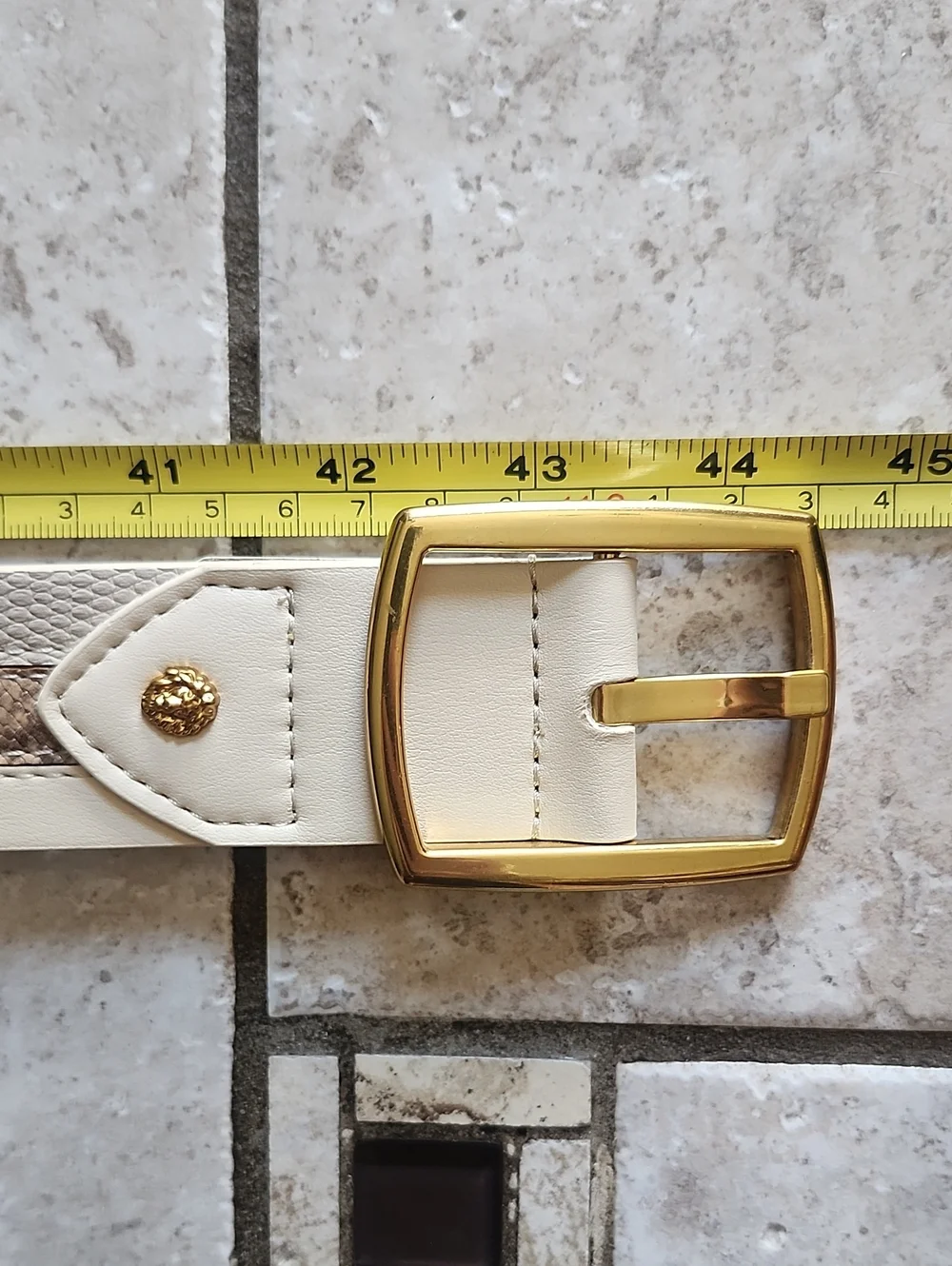 NWT Anne Klein Beige Faux Leather Belt with Gold Buckle and Snake-Print Inlay